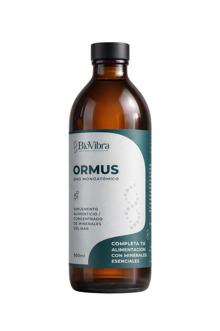BioVibra Ormus liquid mineral supplement in 500ml amber glass bottle with teal and white label