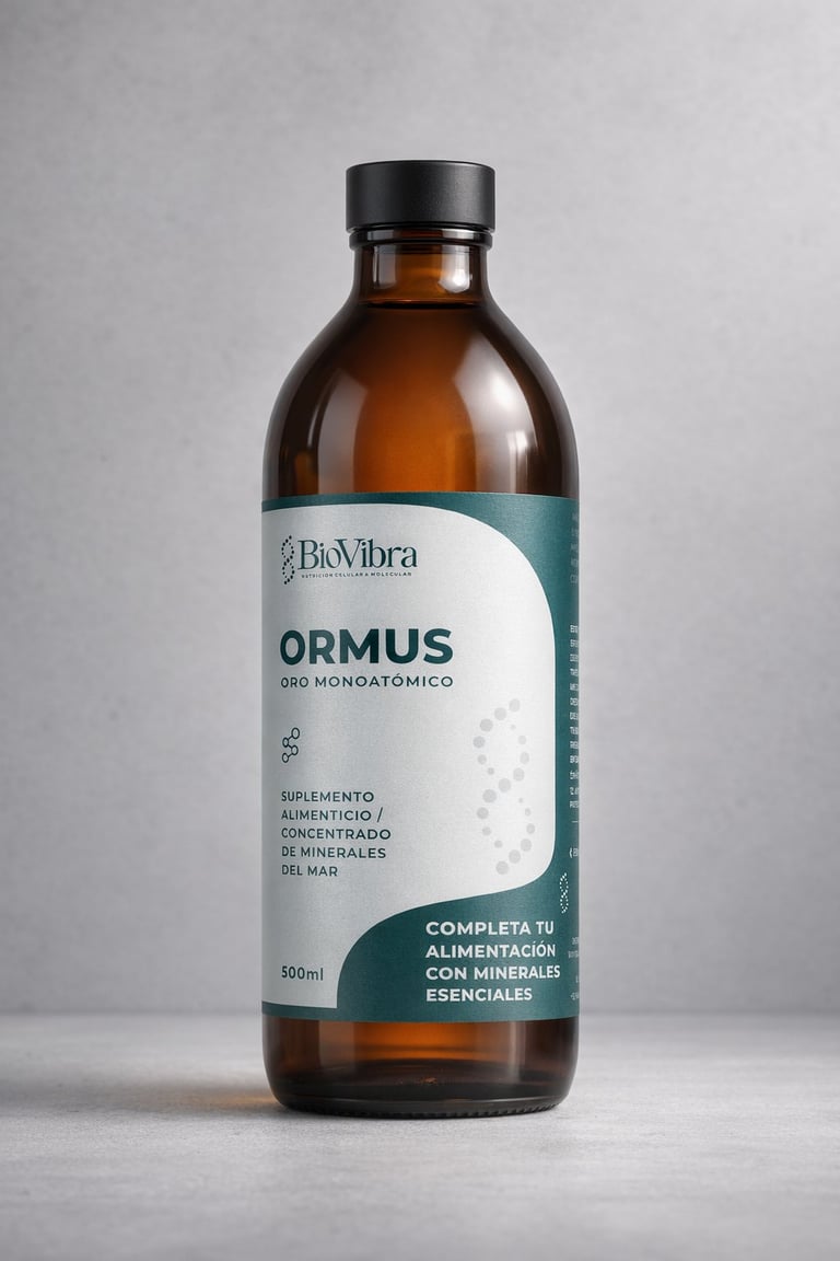 BioVibra Ormus mineral supplement bottle, 500ml amber glass container with teal and white label on gray background